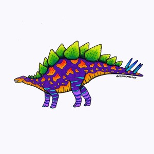 May include: A colorful illustration of a Stegosaurus dinosaur with a purple, orange, and blue patterned body, green plates on its back, and blue spikes on its tail. The dinosaur is facing left and has a small head with a pointed snout. The illustration is signed "@cosmicmellen" in the lower right corner.