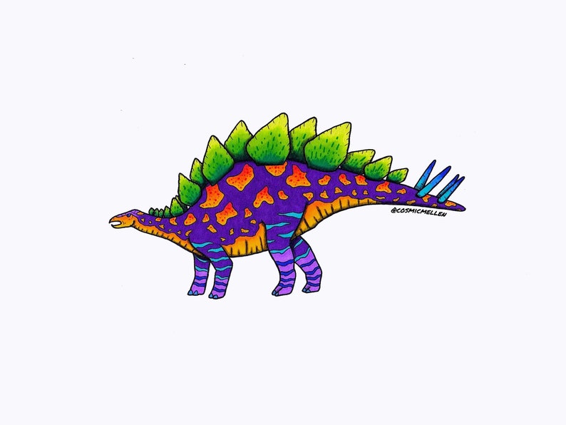 May include: A colorful illustration of a Stegosaurus dinosaur with a purple, orange, and blue patterned body, green plates on its back, and blue spikes on its tail. The dinosaur is facing left and has a small head with a pointed snout. The illustration is signed "@cosmicmellen" in the lower right corner.