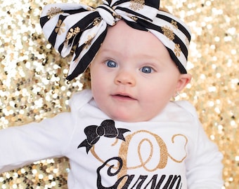 Christmas baby turban headband - Black and Gold girls turban headband - White and Gold turban headwrap - Christmas Baby Turban bow