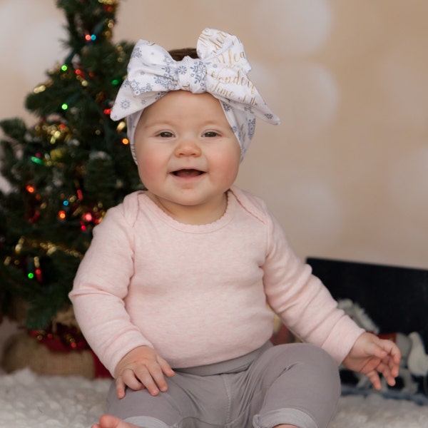 Christmas baby turban headband - White and Gold turban headwrap - Christmas Baby Turban bow - Girls Christmas headwrap