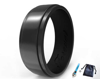 Black Elegant Silicone Wedding Ring/ Wedding Band for Men. Thin, Comfortable, Durable. Gift Bag and Silicone Keychain Included.