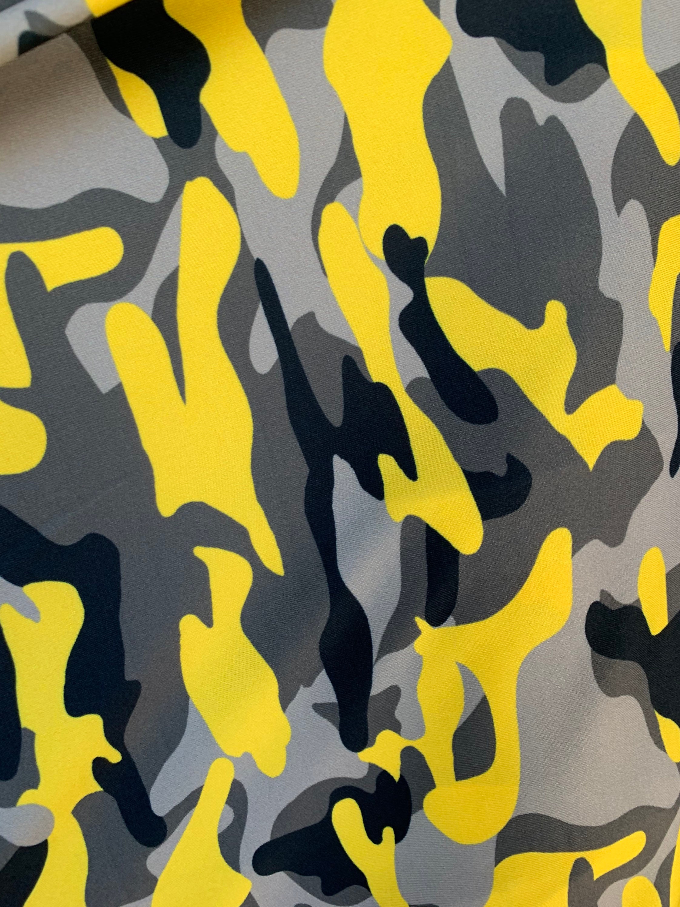 Yellow Grey Camouflage Print - 4 Way Stretch Nylon Spandex Fabric