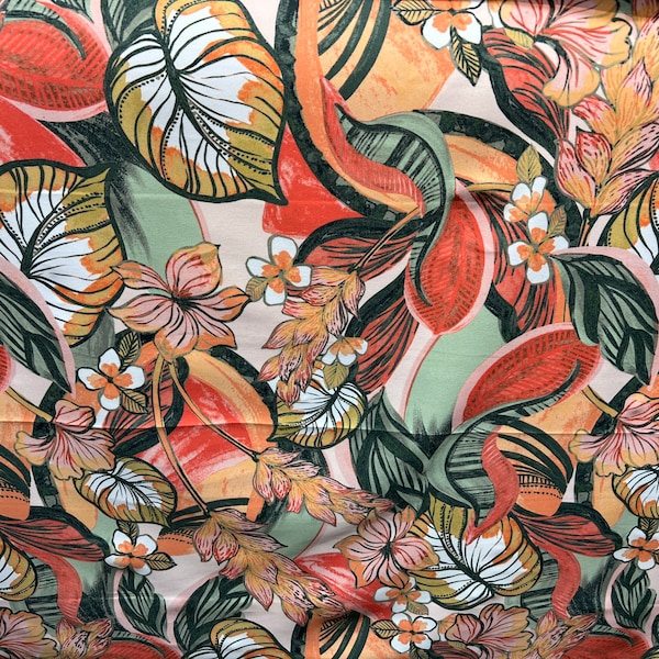 Nylon 4 way stretch poly spandex orange green coral olive painted tropical flower leaves 60" inch wide by the yard {la20fabrics}