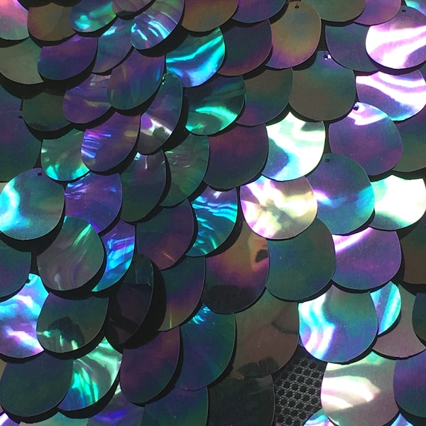 New iridescent clear jumbo teardrop 1x1.5 inch purple,teal,black paillette sequin on mesh fabric sold by the yard    {la20fabrics}