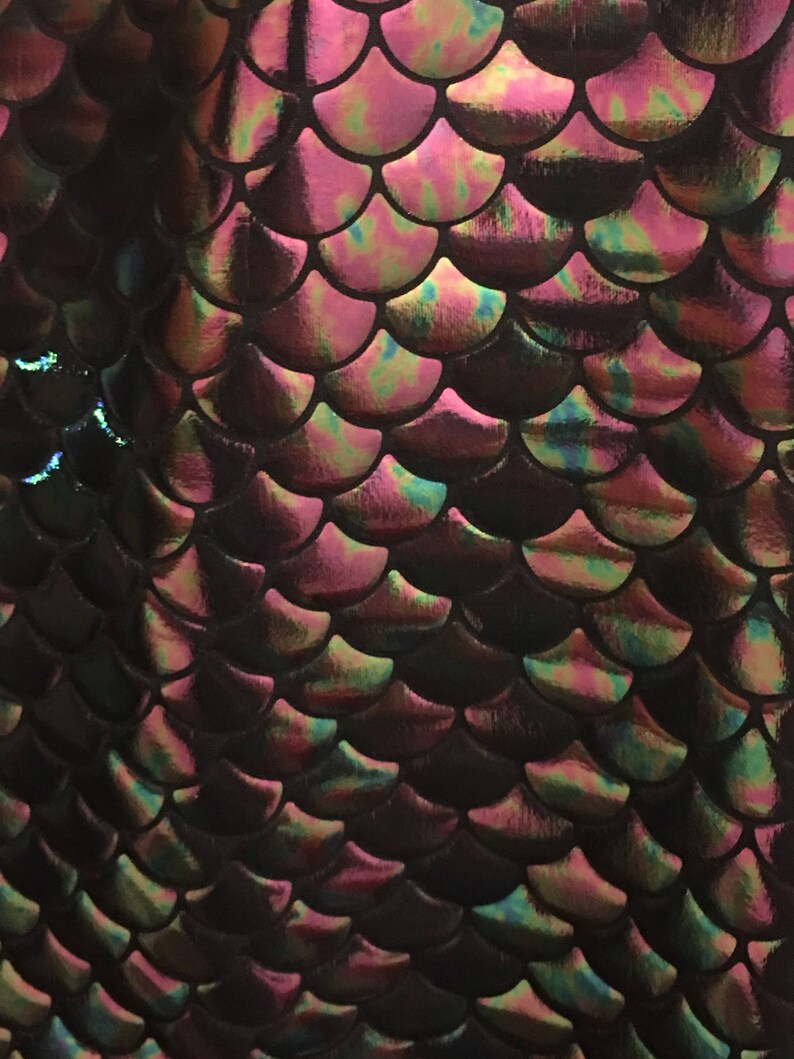 4 way stretch iridescent mermaid fish scales black purple and green foil spandex fabric sold by the yard not washable