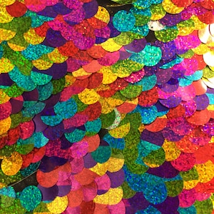 Multi color and silver paillette 20 millimeters sequin on mesh fabric sold by the yard image 2