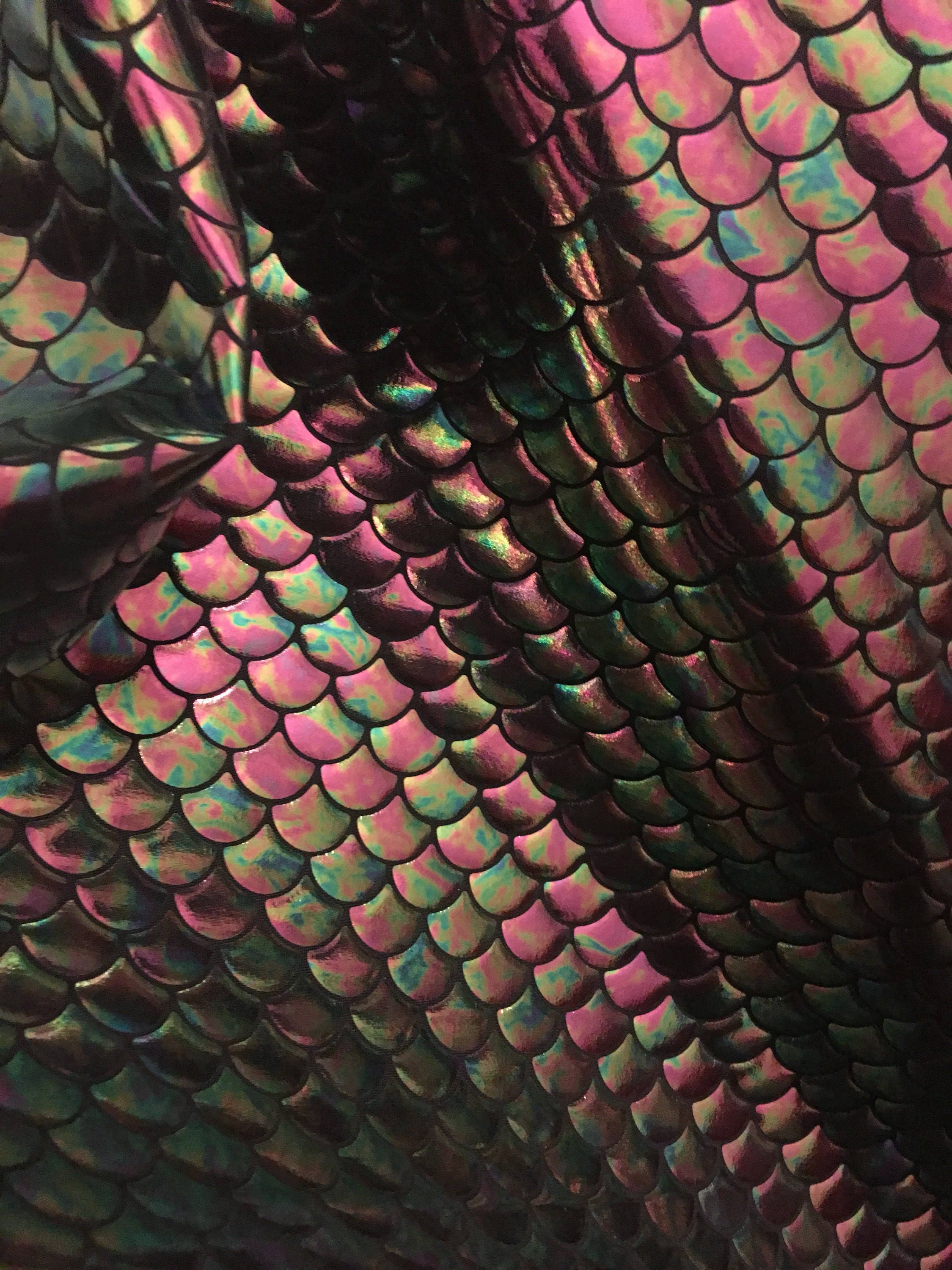 4 way stretch iridescent mermaid fish scales black purple and green foil spandex fabric sold by the yard not washable