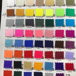 May include: A color chart of fabric swatches with names for each color. The colors include white, ivory, nude, beige, gold, chino, burnt olive, dark copper, copper light, yellow, neon green, kelly, silver, dark silver, charcoal, metallic army, forest green, teal, turquoise, light pink, neon pink, neon coral, light coral, french rose, fuchsia, magenta, light blue, atlantic blue, royal blue, navy, cobalt, brown, grape, neon orange, bright orange, poppy, neon red, red, burgundy, lilac, purple, black, gold, and more.