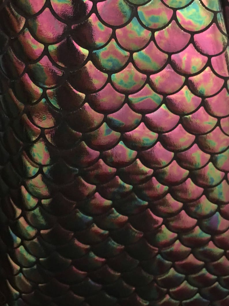 4 way stretch iridescent mermaid fish scales black purple and green foil spandex fabric sold by the yard not washable