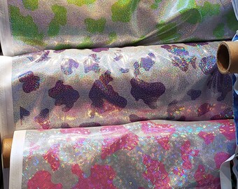 Metallic Foil Hologram Cow Print On 4way Stretch  Nylon Spandex  Fabric Sold by Yard