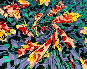Stretch Velvet Burnout with Multicolor Flower Design 4 way Stretch 58/60” wide