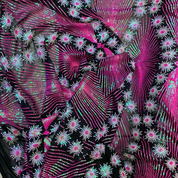 iridescent neon pink  colors mini glitz or mini sequin lace on 4 way stretch black  mesh fabric 52" inch wide sold by the yard {la20fabrics}