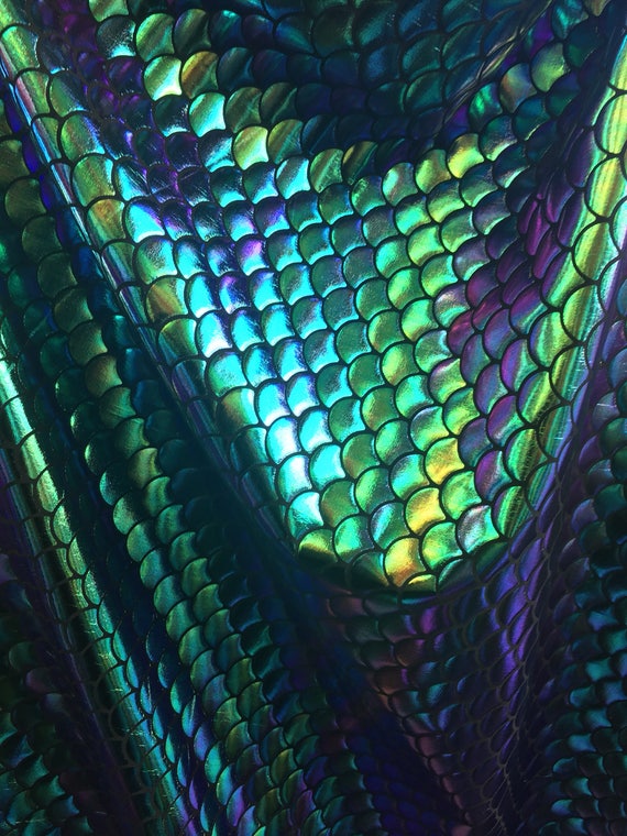 4 way stretch iridescent mermaid fish scales black purple and green foil spandex fabric sold by the yard not washable