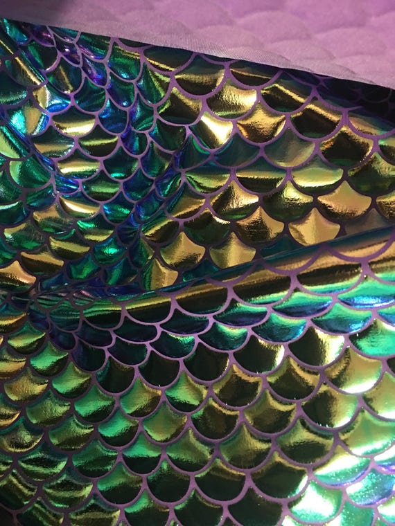 4 way stretch  iridescent mermaid fish scales  black purple and green foil spandex fabric sold by the yard not washable