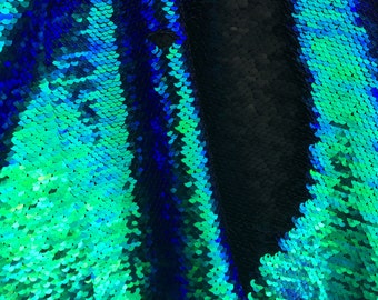 Mermaid reversible  flip up sequin iridescent green with blue and matte black  on stretch fabric sold by the yard {la20fabrics}