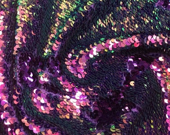 New Mermaid flip up sequin shiny multicolor iridescent purple, gold, bronze in one side and shiny dark purple fabric sold by yard