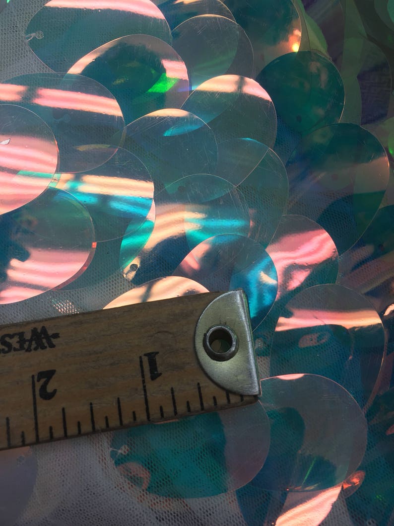 New iridescent clear jumbo teardrop 1x1.5 inch pink,aqua blue, green, paillette sequin on mesh fabric sold by the yard la20fabrics image 4