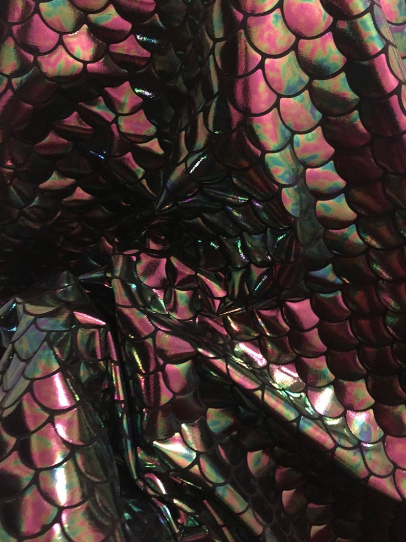 4 way stretch iridescent mermaid fish scales black purple and green foil spandex fabric sold by the yard not washable