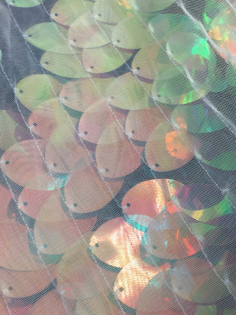 New iridescent clear jumbo teardrop 1x1.5 inch pink,aqua blue, green, paillette sequin on mesh fabric sold by the yard la20fabrics image 5