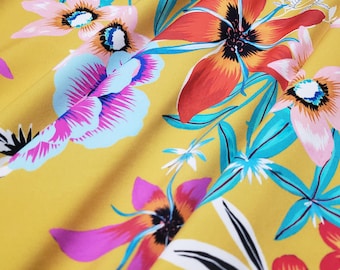 Multicolor Flower Print Over Mustardy Yellow Nylon Spandex Fabric – 4-Way Stretch, 58/60" Wide