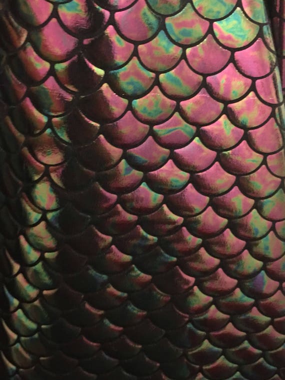 4 way stretch iridescent mermaid fish scales black purple and green foil spandex fabric sold by the yard not washable