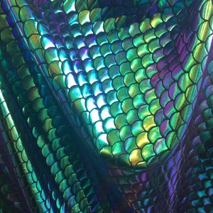 4 way stretch  iridescent mermaid fish scales  purple, green , gold and turquoise foil spandex fabric sold by the yard [not washable]