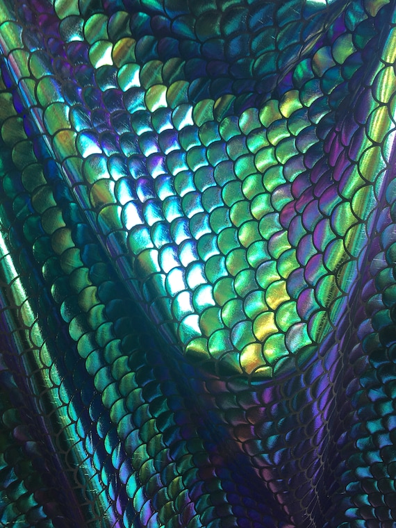 Iridescent Mermaid Fish Scale Spandex Fabric, Purple Green Gold Foil