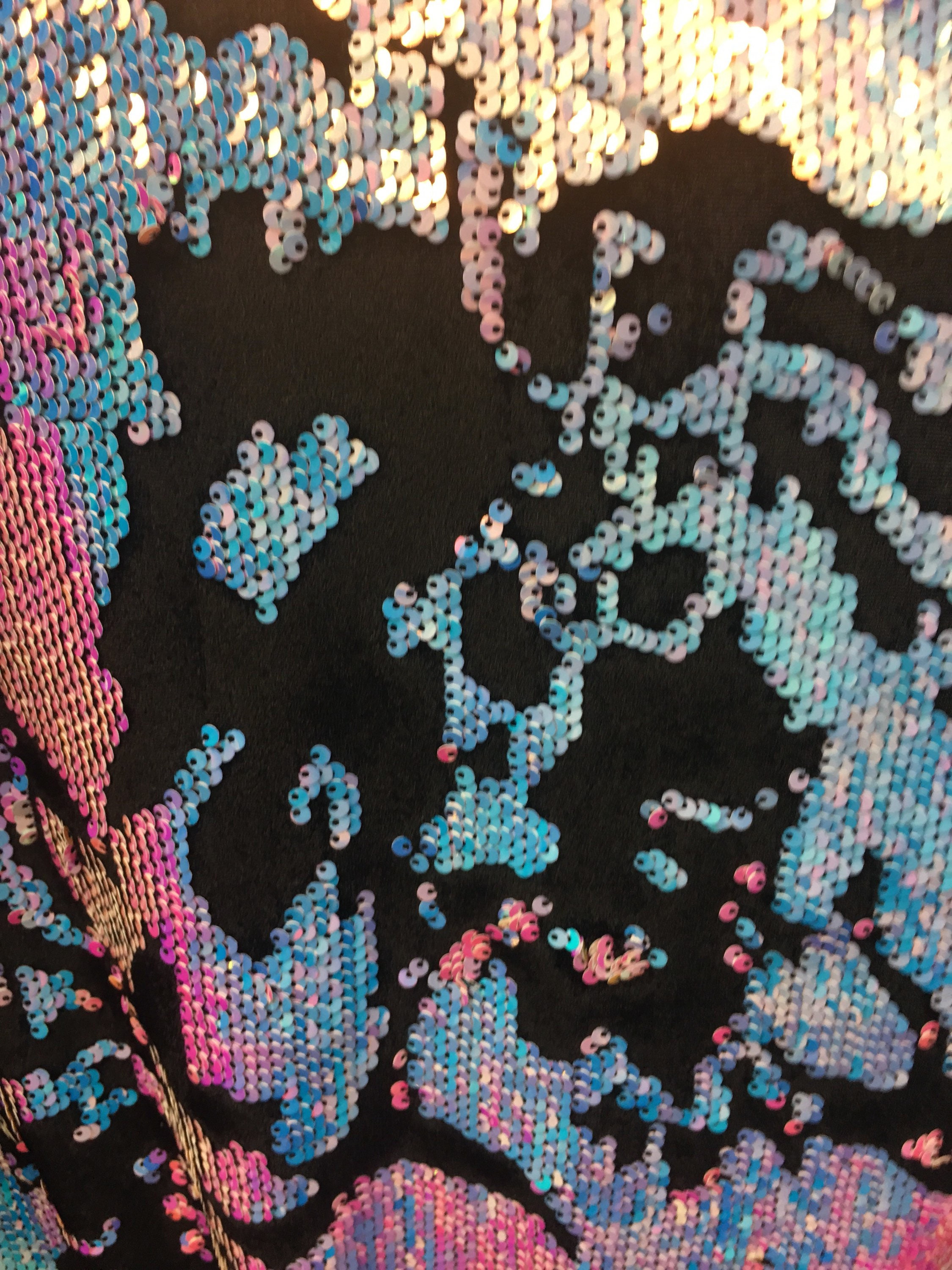 New scattered mermaid reversible iridescent pink flip up sequin on black stretch  velvet  fabric 60" inch sold by yard