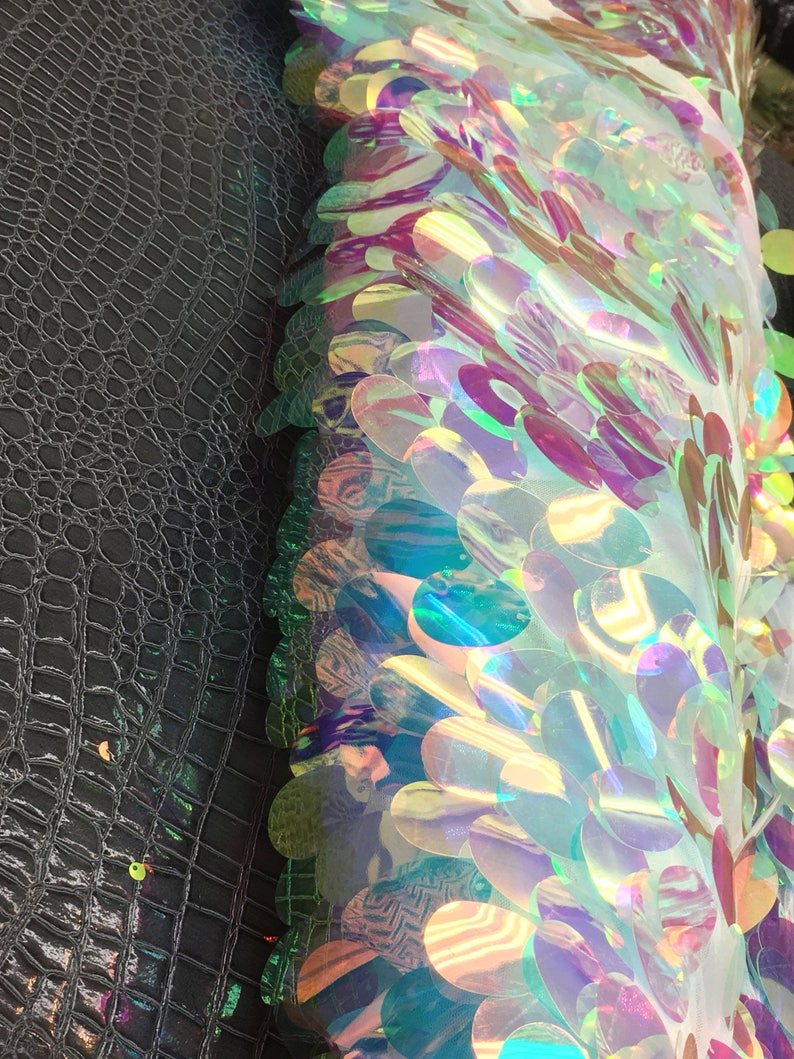 New iridescent clear jumbo teardrop 1x1.5 inch pink,aqua blue, green, paillette sequin on mesh fabric sold by the yard la20fabrics image 2