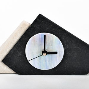 Small modern table clock. Made of slate and iridescent glass. Grandfather clock, modern and trendy. Model "Finn". Fancy gift idea. Unique.