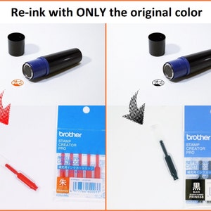 K&ouml;nnte beinhalten: Zwei Bilder, die eine schwarze und blaue Tintenpatronen-Nachf&uuml;llung f&uuml;r einen Brother Stamp Creator Pro zeigen. Das linke Bild zeigt eine rote Tintenpatrone und das rechte Bild zeigt eine schwarze Tintenpatrone.