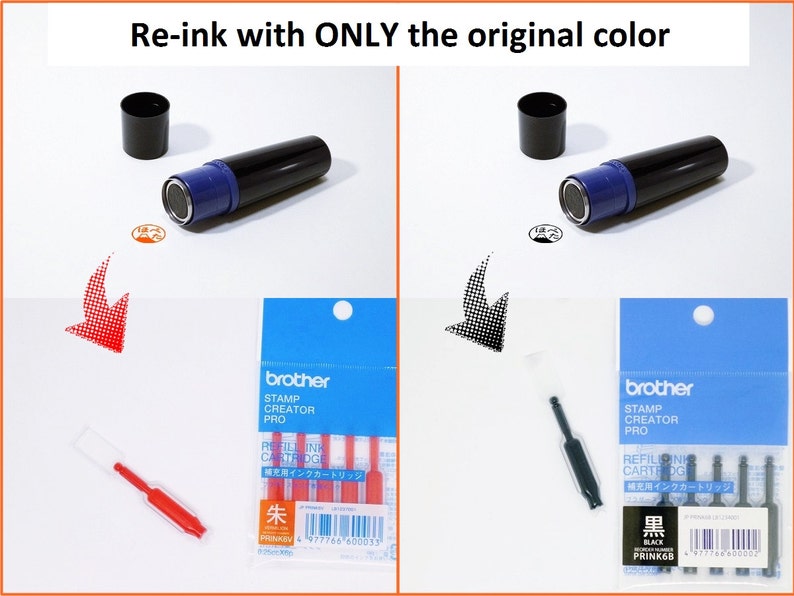 K&ouml;nnte beinhalten: Zwei Bilder, die eine schwarze und blaue Tintenpatronen-Nachf&uuml;llung f&uuml;r einen Brother Stamp Creator Pro zeigen. Das linke Bild zeigt eine rote Tintenpatrone und das rechte Bild zeigt eine schwarze Tintenpatrone.
