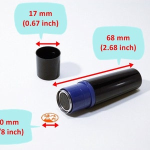 May include: A black and blue ink stamp with a 10 mm (3/8 inch) diameter imprint. The stamp is 2.68 inches long and comes with a black cap.