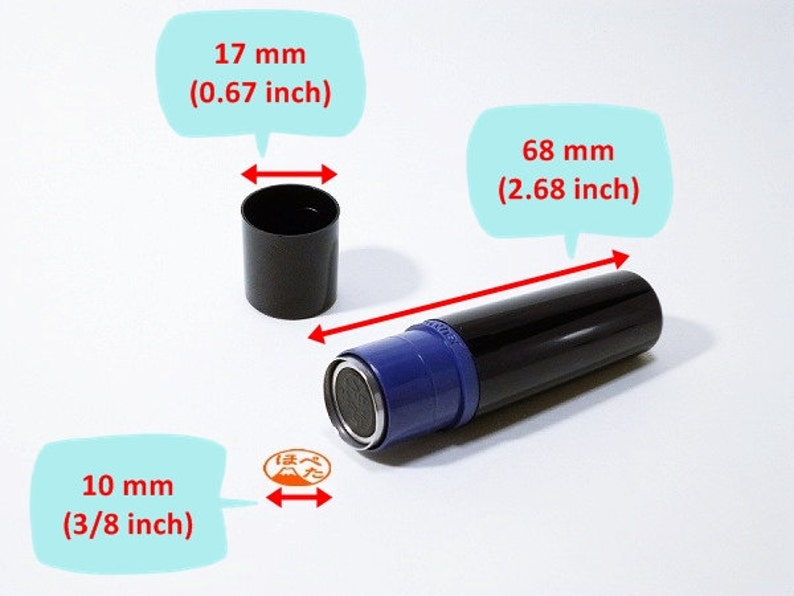 May include: A black and blue ink stamp with a 10 mm (3/8 inch) diameter imprint. The stamp is 2.68 inches long and comes with a black cap.