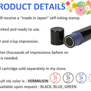 May include: A self-inking stamp with a black and blue body. The stamp is pre-inked and ready to use. It creates thousands of impressions before needing a refill. The default ink color is vermilion, but it is also available in black, blue, and green. "Made in Japan" self-inking stamp.