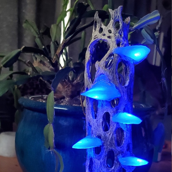 Handmade Blue Wall Hanging Cholla LED Mushroom Lamp (13-15" tall)