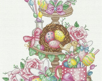 EASTER ON PLATTER Cross Stitch Pattern - Spring Cross Stitch - Pastel Design - Easter Eggs - Kitchen Spring Decor