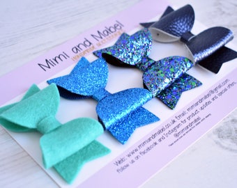 Navy hair bow set, blue hair bows, glitter hair bow, sparkly hair bow, toddler hair clips, felt hair bow, small hair clips, baby hair clips