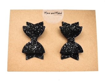 Handmade Girls Small Classic School Grey Hair Bow Clips Sold In Pairs