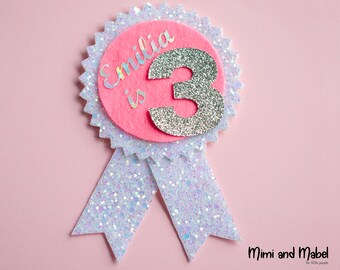 Personalised Keepsake Large Pink Lilac Glittery Birthday Badge Rosette