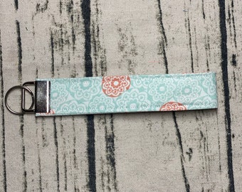 coral and blue flower key fob wristlet