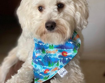 Colorado dog bandana, colorful Colorado dog bandana, Mountain Adventure Awaits dog bandana, adventure awaits dog bandana