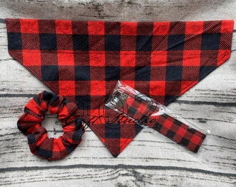 Buffalo plaid collar, Buffalo plaid scrunchie, Buffalo plaid key fob wristlet, Christmas dog bandana
