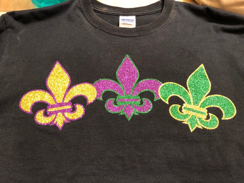 Adult**Mardi Gras with 3 Fleur de Lis purple green gold Adult LONG SLEEVE