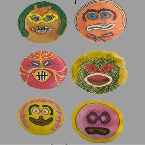 May include: Six circular craft projects with faces, featuring eyes, noses, and mouths. The text "Esther's patterns" and "For children to make" are displayed in cursive. The faces are made of various materials and colours.