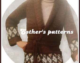 May include: A brown crochet cardigan with a belt, featuring patterned cuffs and hem. The text "Esther's patterns" is displayed in white script. The cardigan is worn over a turtleneck.