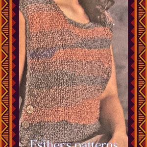 May include: A sleeveless knitted top with a striped pattern in shades of grey, pink, and purple. The top has a scoop neck and is made with a textured stitch. The text "Esther's patterns" is visible at the bottom of the image.