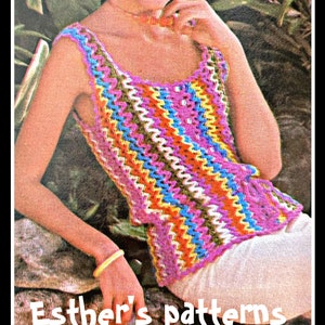 May include: A crochet top with a colorful zigzag pattern in shades of pink, blue, yellow, orange, and green. The top has a scoop neck and sleeveless design.
