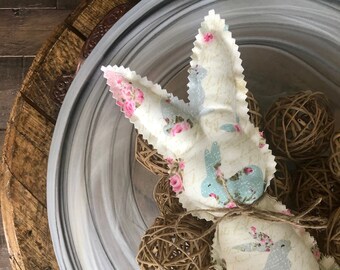 Stuffed fabric bunnies, Easter bunny home decor, tiered tray