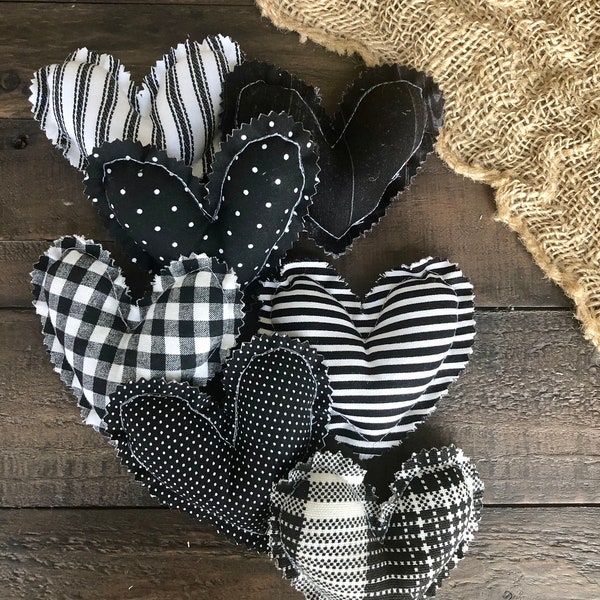 Mini fabric hearts, tiered tray decor, Valentine's bowl filler, black and white heart lot of seven